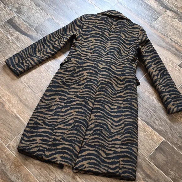 Tahari Black & Brown Wool Blend Lined 1 Button Zebra Print Midi Coat Pockets XS - Picture 9 of 9